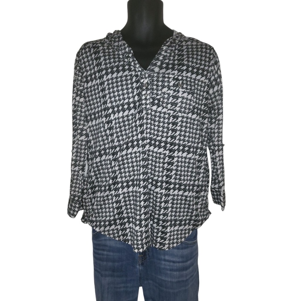 French Laundry Women's Geometric Hooded Button Down Shirt Size M Black and White
